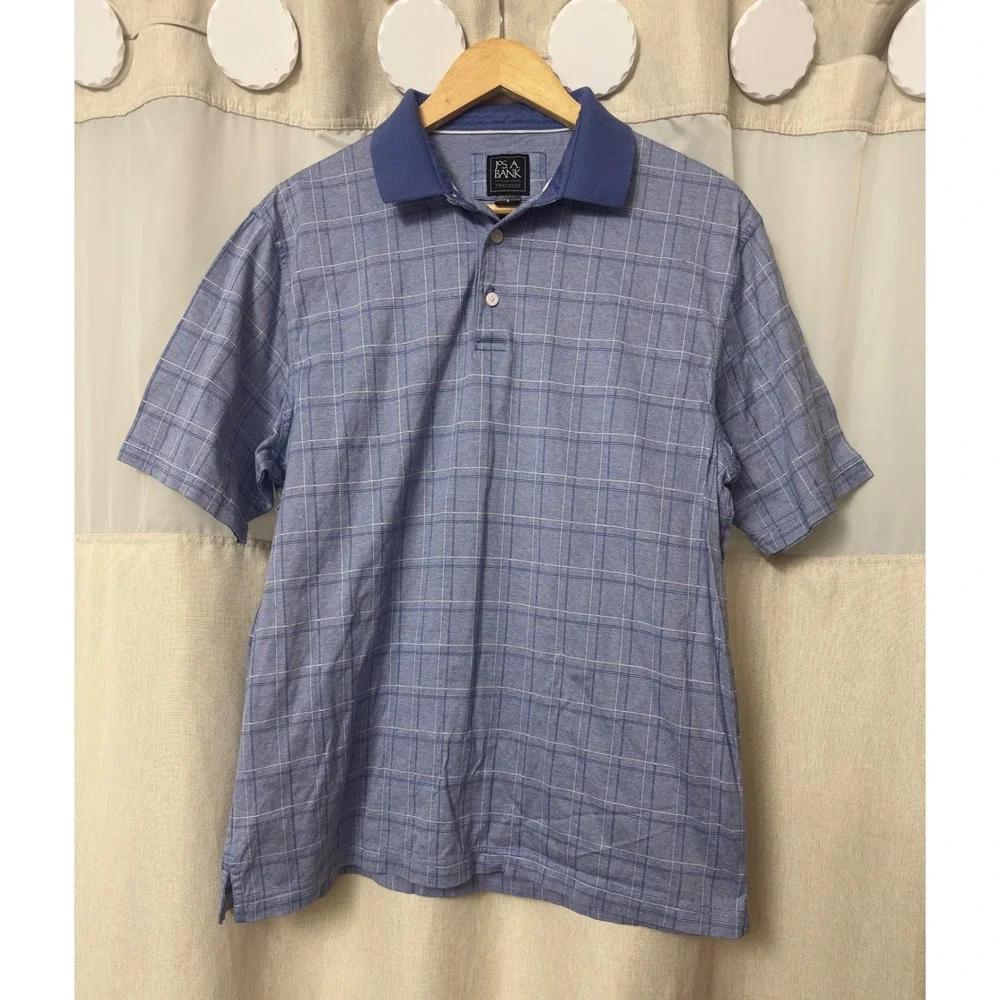 Jos A Bank Traveler Polo Shirt Mens Medium Blue Windowpane Check Short‎ Sleeve